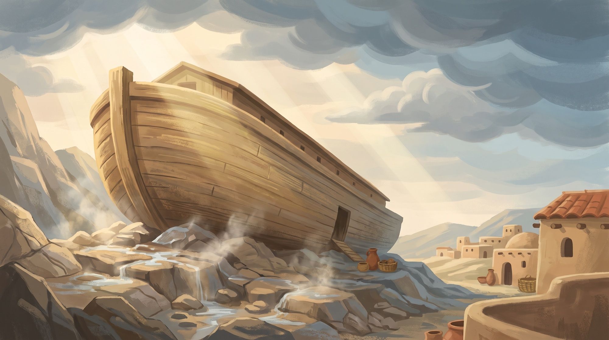 The ark run aground on wet rock as the floodwater drains away, sunlight breaking through heavy cloud over a village beyond.
