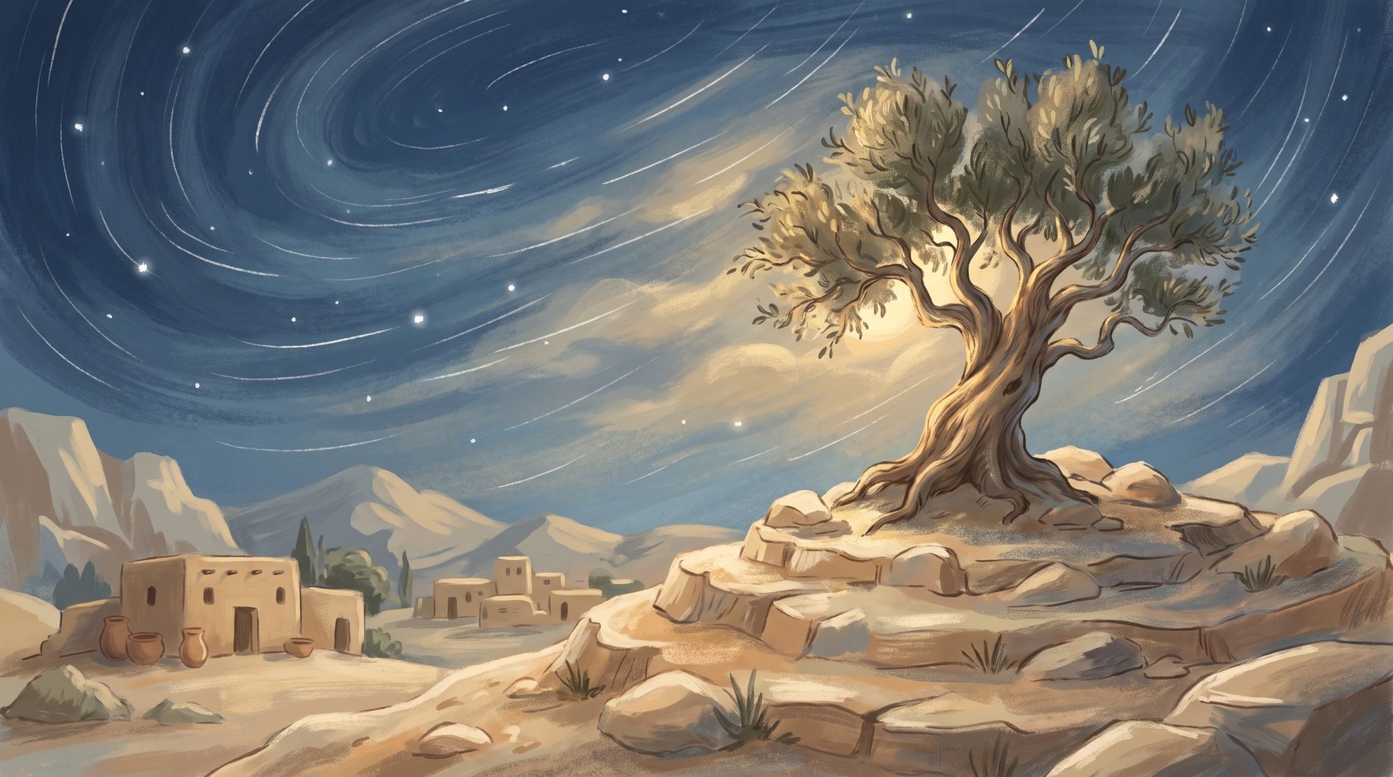 A still from Nuh and the Ark: an olive tree on a rocky rise above a moonlit desert village, under a sky of swirling star trails.