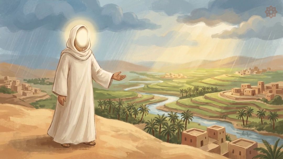 A figure rendered as pure radiant light beneath a hooded robe, standing above a green river valley under a stormy, sunlit sky.