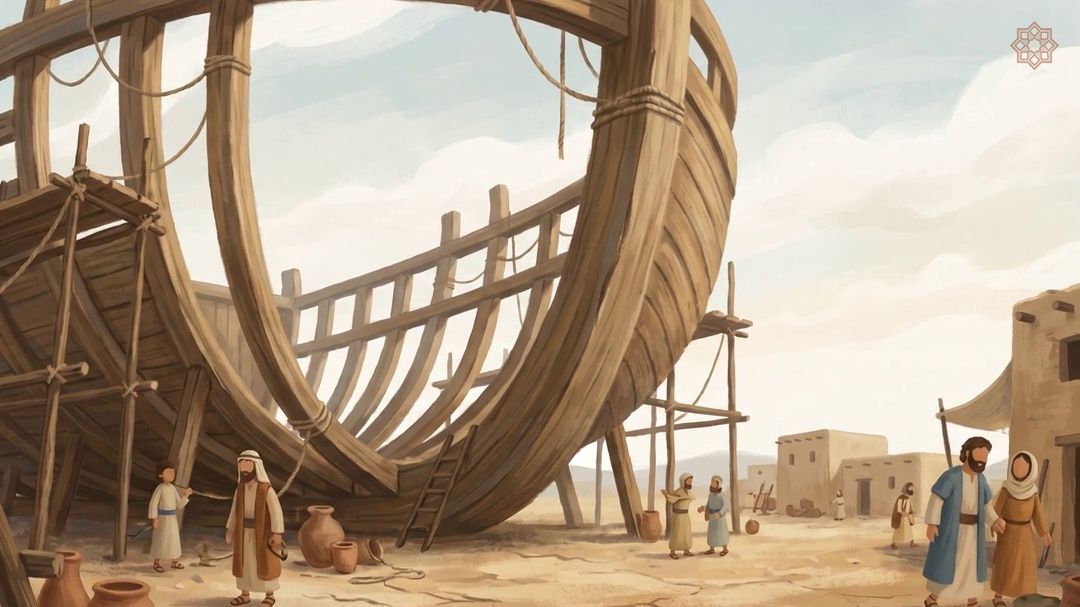 Craftsmen building a large wooden ship on dry desert ground beside a small mudbrick village.