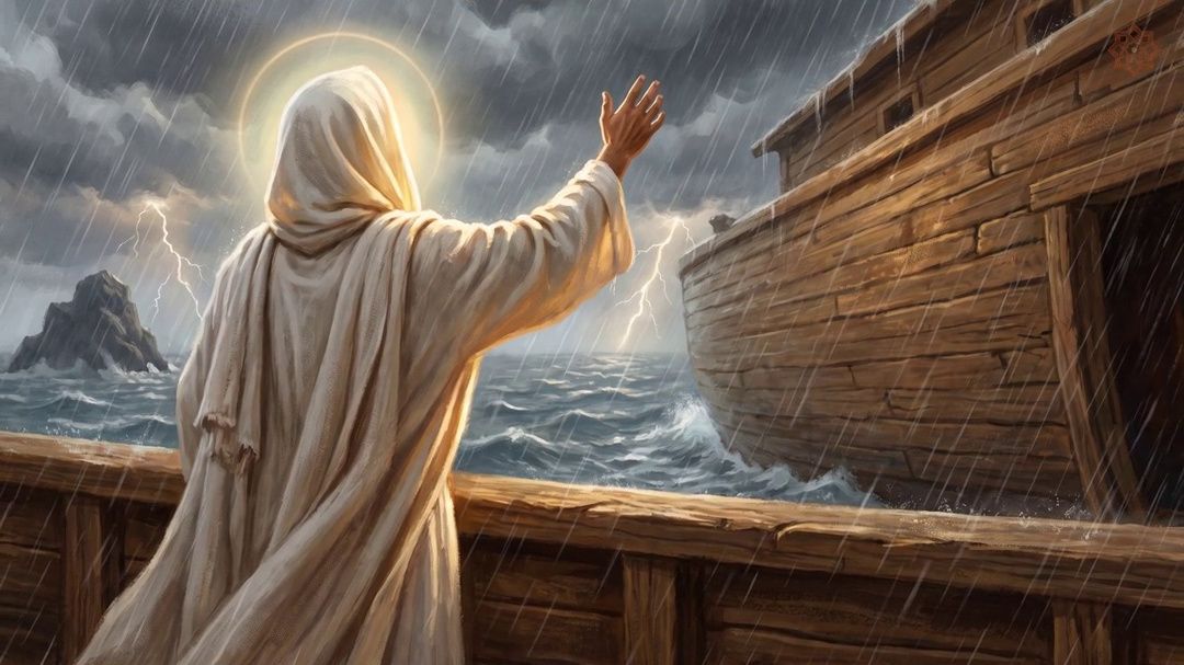 A figure of light in a white robe, seen from behind, reaching toward the ark through heavy rain and lightning over a dark sea.